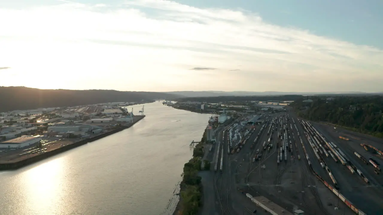 Aerial shot over Portland Harbour and Freight train depot