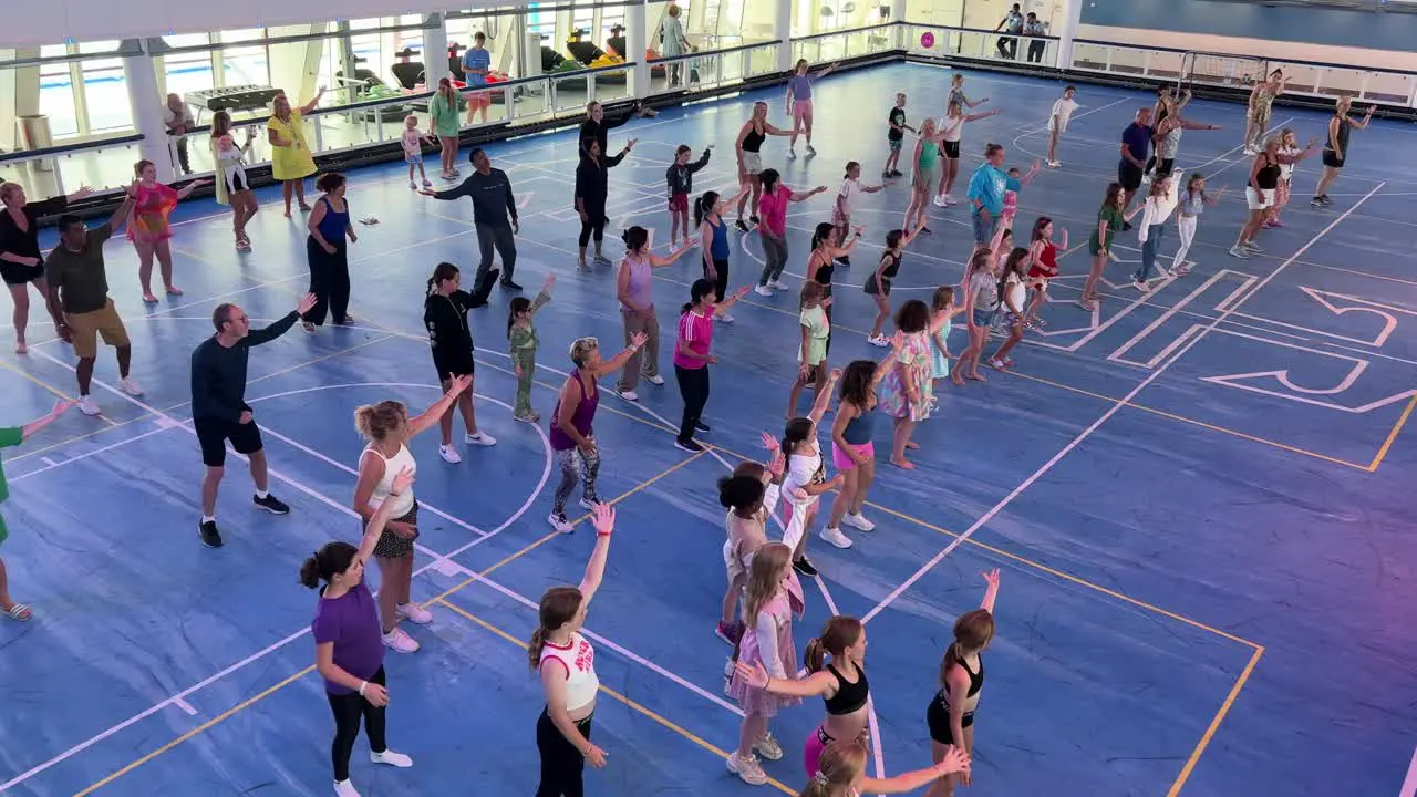 Lisbon Portugal August 2 2023 Passengers participating in a dance class aboard Royal Caribbean's Anthem of the Seas