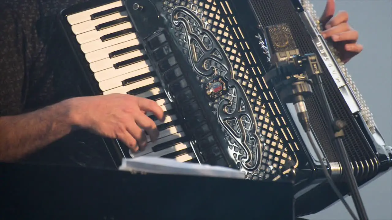 Accordionist at a concert theater scene accordion flat plane closeup