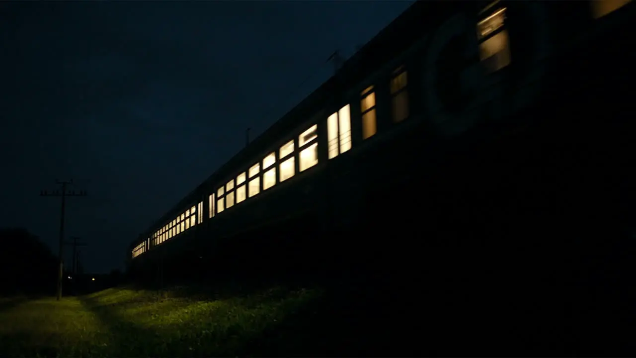 Train passing fast through a rural area by night