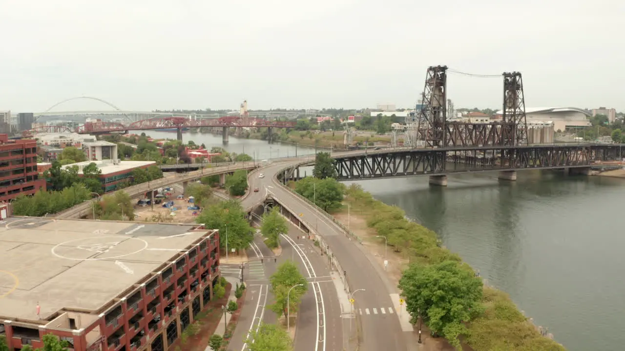 Aerial shot over Steel Bridge approach roads Portland Oregon