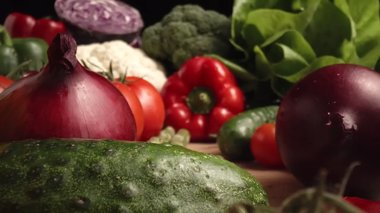 Zoom out macro video of seasonal vegetables