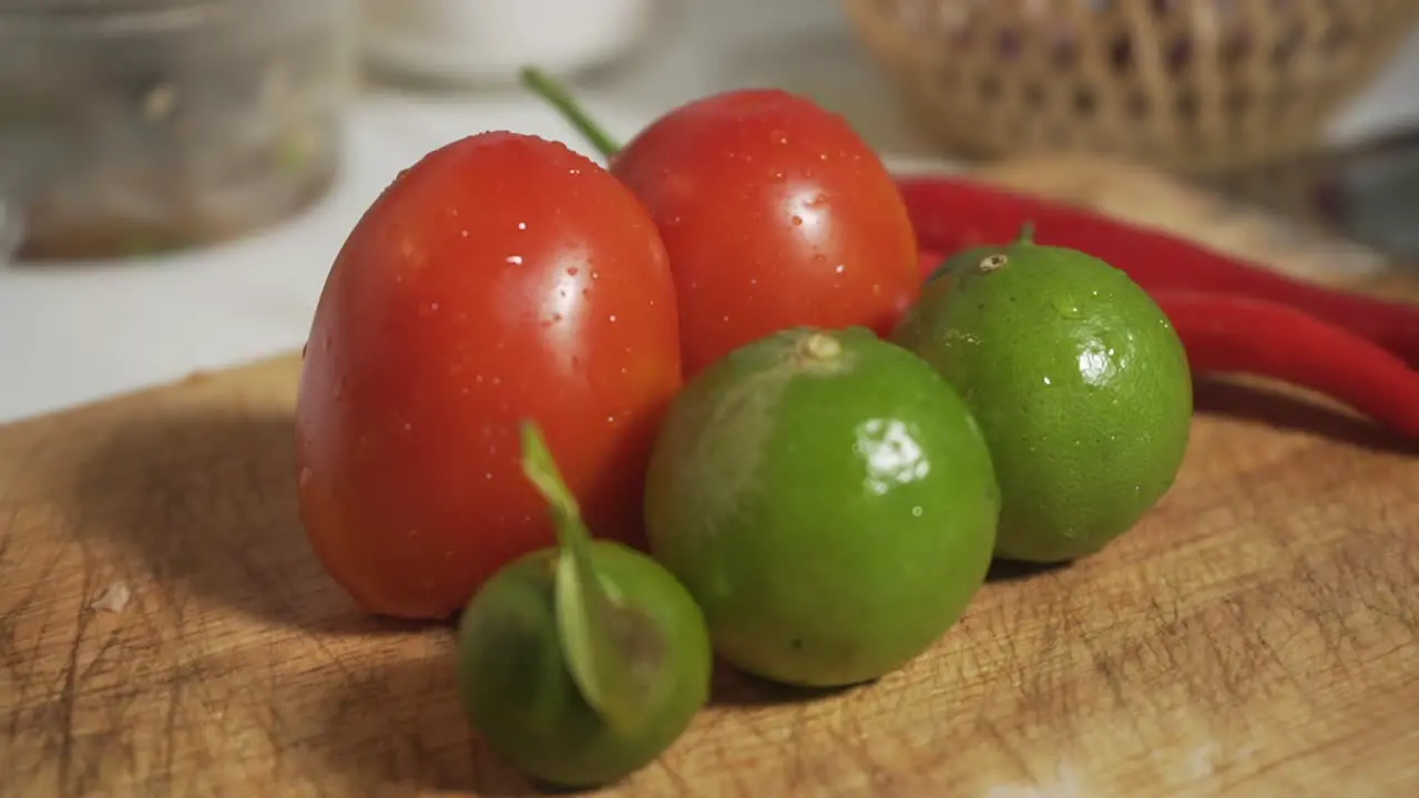 Beautiful food vegetables on the cutting board with camera's angel zoom in