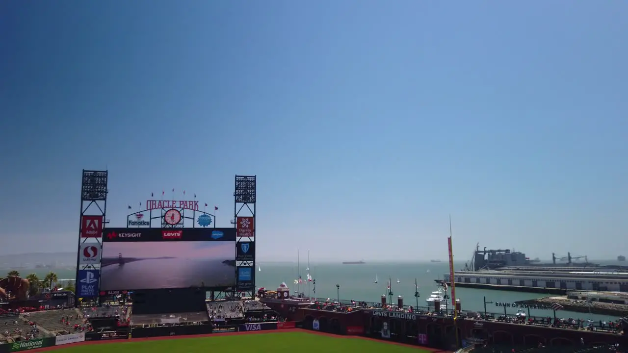 Gimbal tilting down shot from the top deck of Oracle Park in San Francisco California