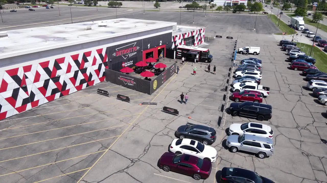 Detroit 75 food truck and massive parking lot aerial view