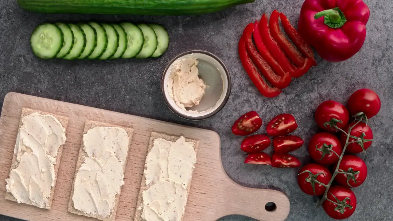 Delicious sandwiches with paste and fresh vegetables