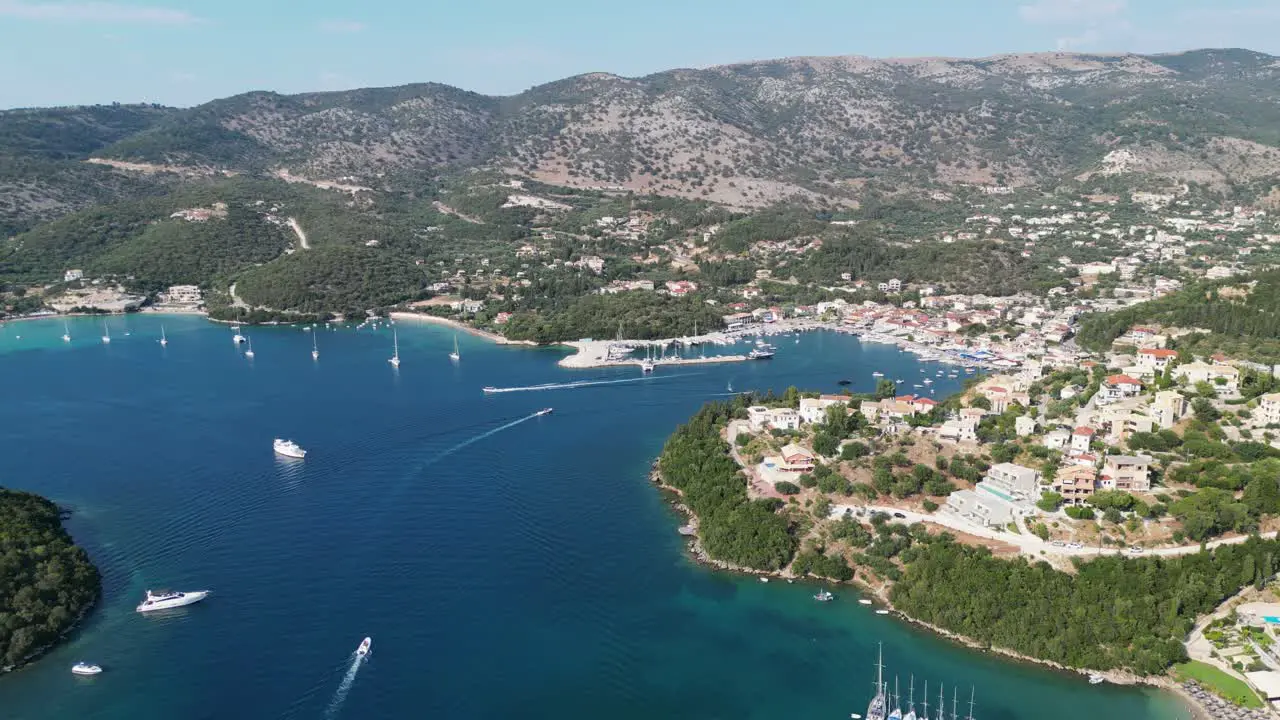 Syvota Coastal Village Port and Hotels at Epirus Greece Aerial Panorama