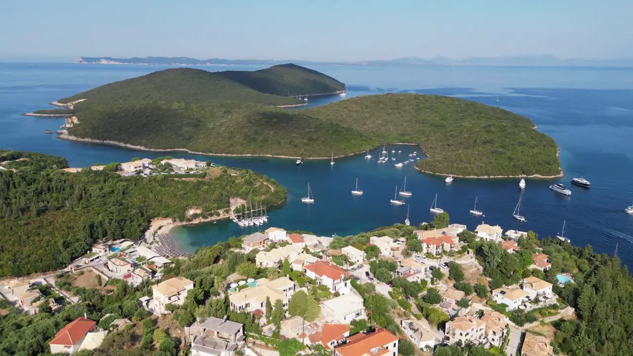 Syvota Coastal Village Boats and Islands in Ionian Sea Epirus Greece Mainland Aerial Circling