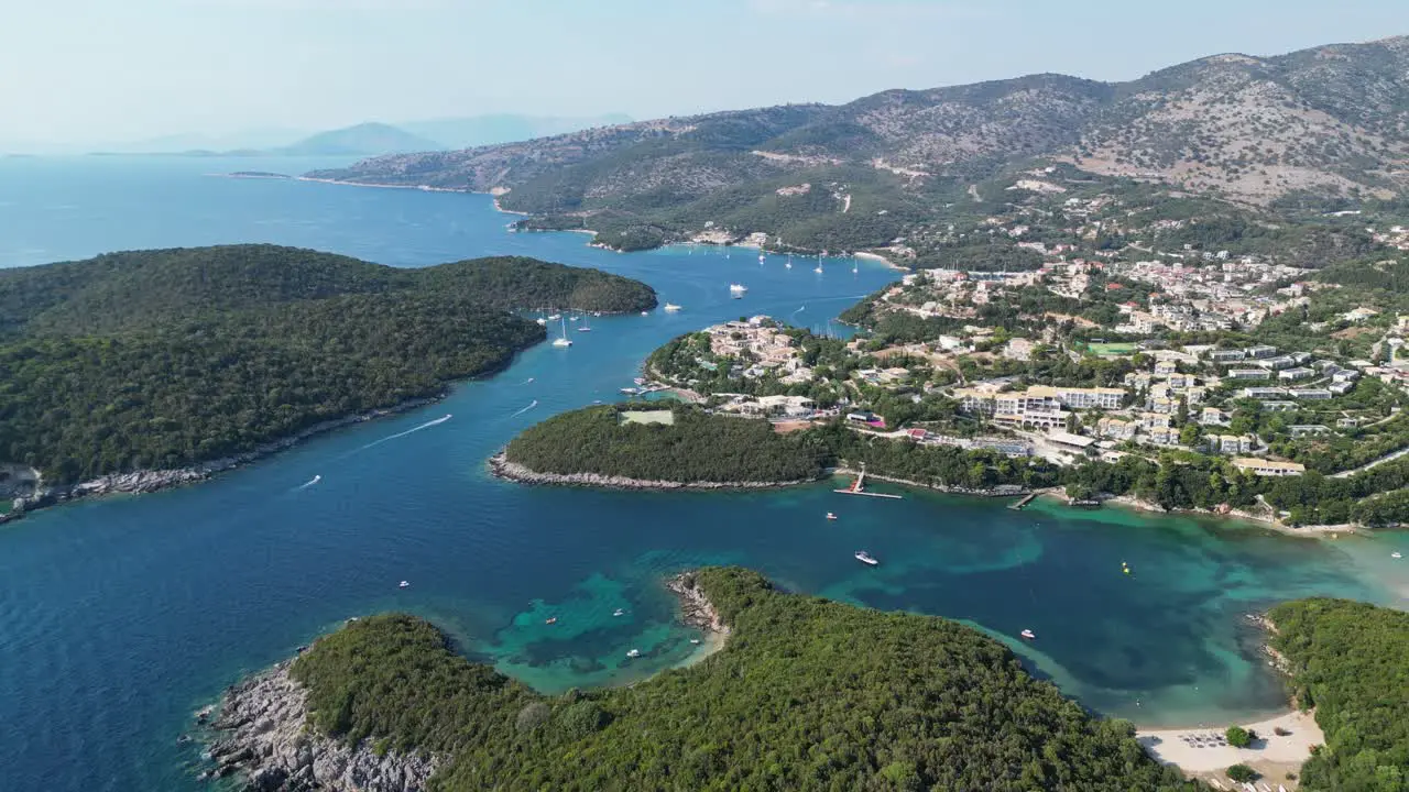 Syvota Coastal Village with Green Islands Beaches and Holiday Resorts at Epirus Greece Aerial