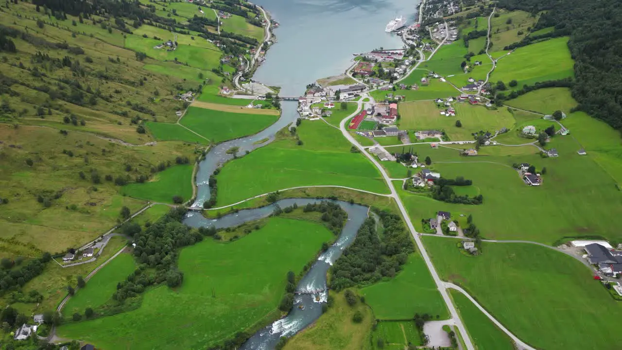 Olden River Village and Cruise Ship in Nordfjord Vestland Norway Scandinavia Aerial