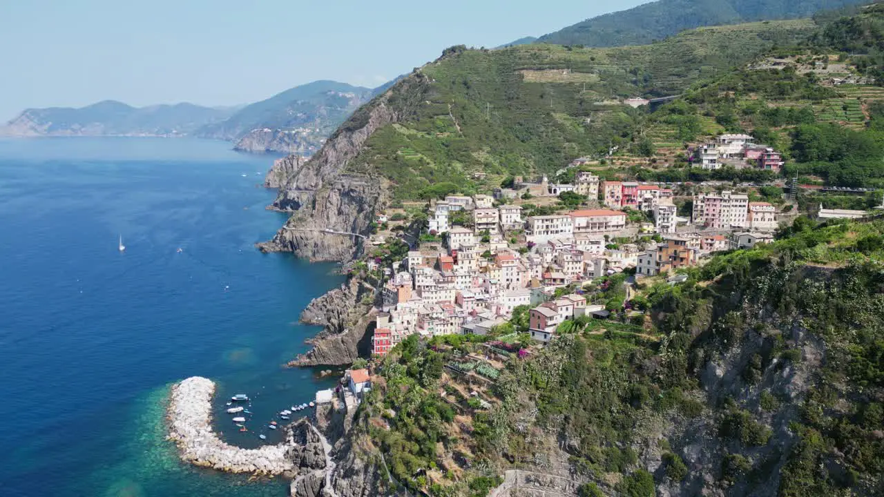 Cinque Terre Riomaggiore Coastal Village in Vernazza La Spezia Liguria Italy Aerial 4k