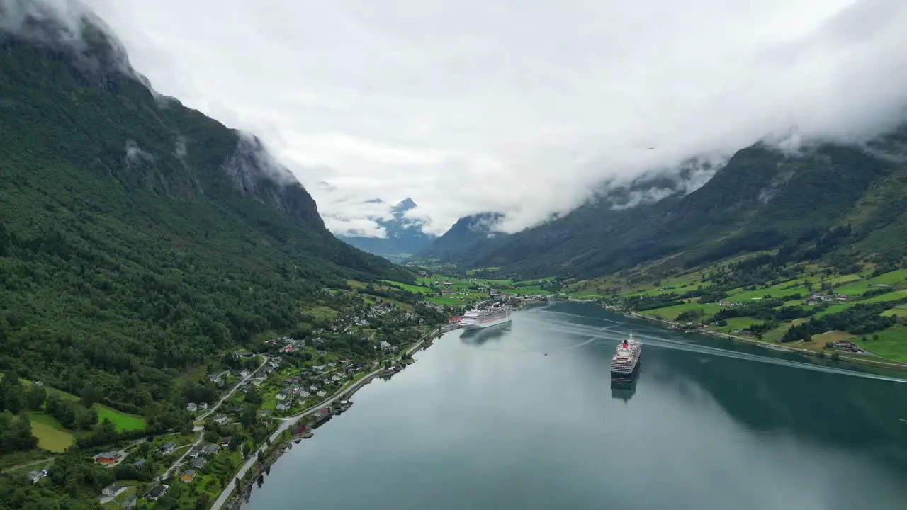 Cruise Ships anchored at Olden Village in Nordfjord Vestland Norway Scandinavia Aerial