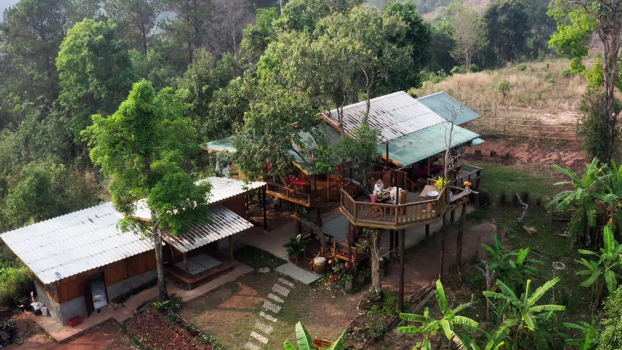 Couple having breakfast on terrace of luxurious treehouse in jungle