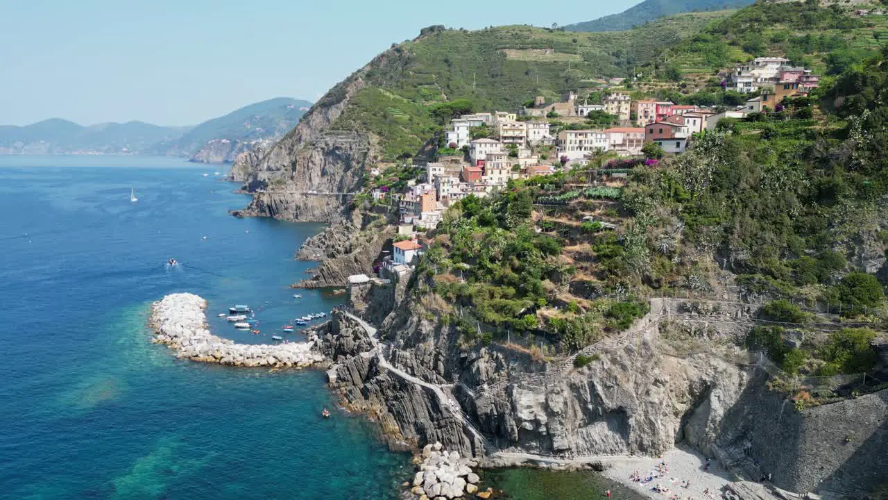 Cinque Terre Riomaggiore Village in Vernazza La Spezia Liguria Italy Aerial 4k Pedestal