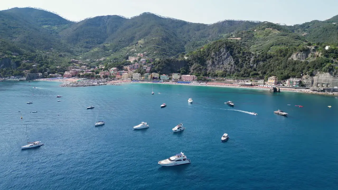 Boats at Monterosso al Mare in Cinque Terre Vernazza La Spezia Liguria Italy Aerial 4k