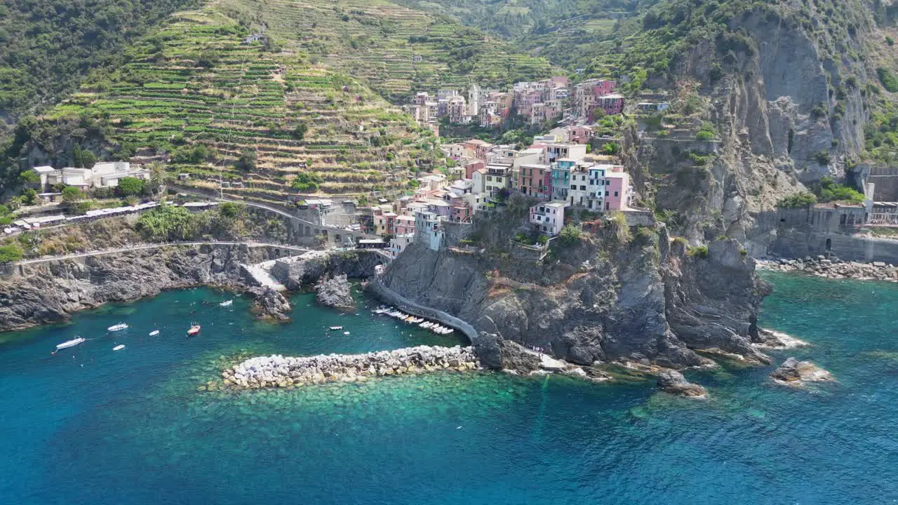 Cinque Terre Manarola Coastal Village in Vernazza La Spezia Liguria Italy Aerial 4k Circling