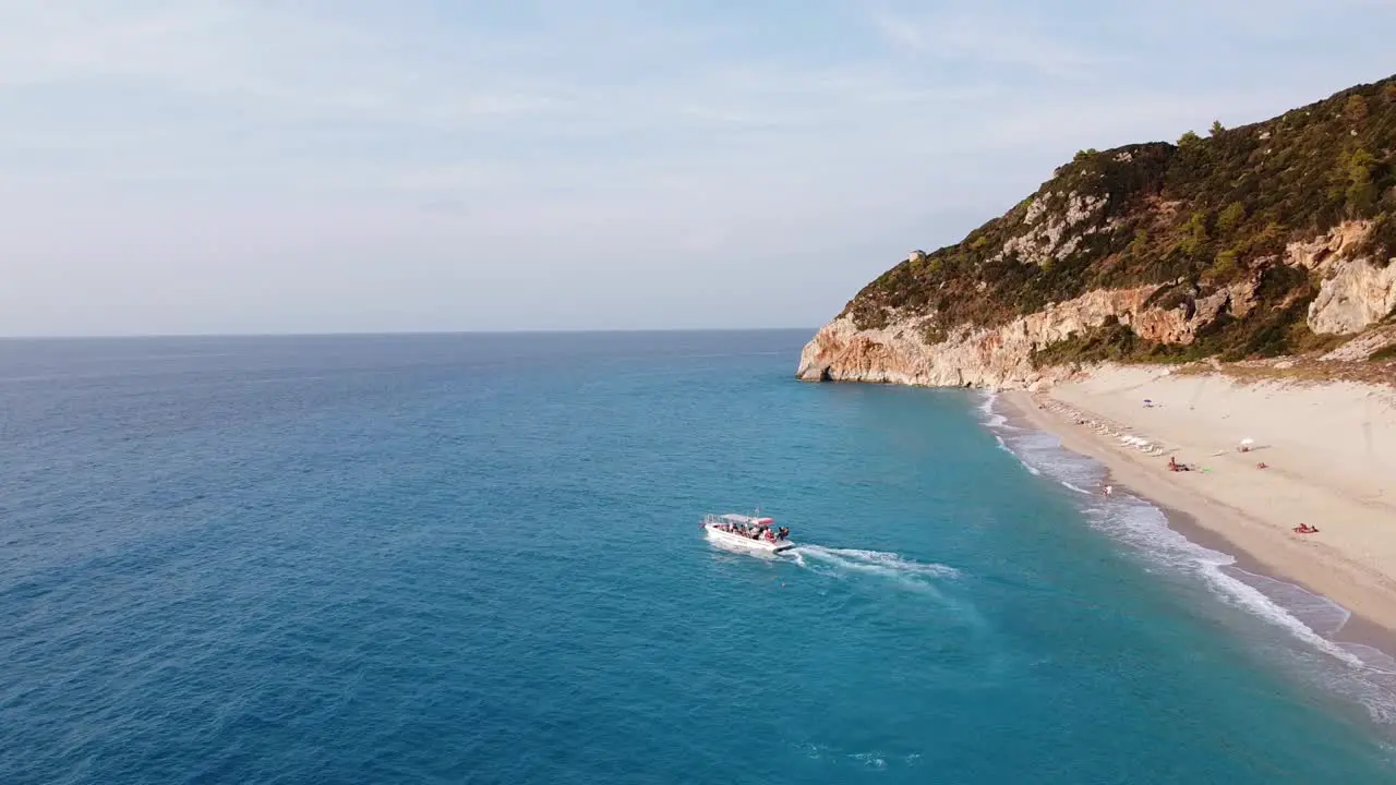 Taxi Boat transport Tourist People from Milos Beach to Agios Nikitas at Lefkada Island Greece Aerial