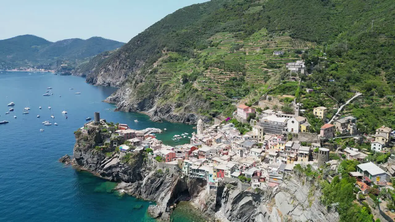 Cinque Terre Vernazza Village in La Spezia Liguria Italy Aerial 4k Pedestal