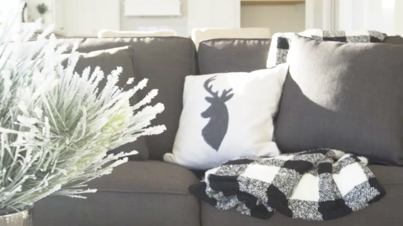 Holiday decorated living room space with winter pillows and decorations