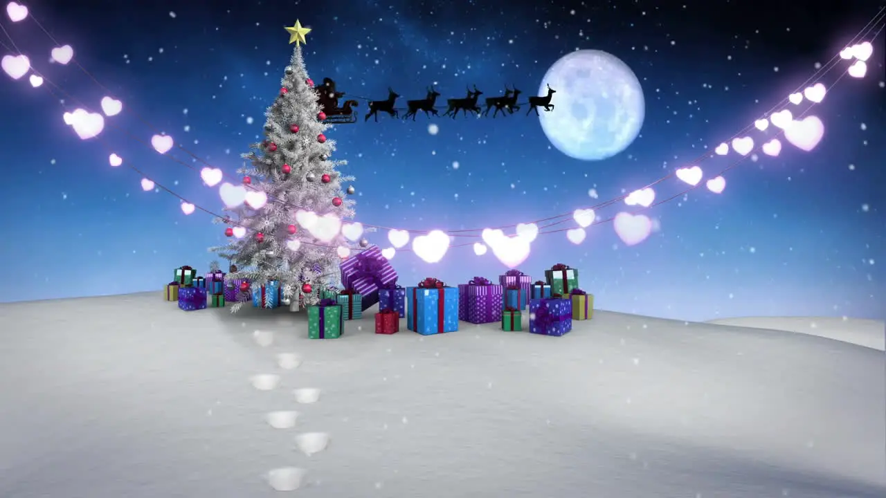 Animation of lights snowfall on gift boxes and decorated christmas tree santa riding sleigh