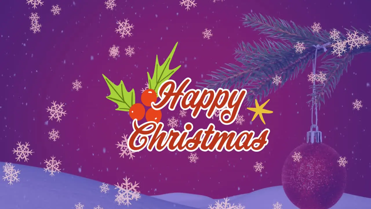 Animation of happy christmas text cherries hanging bauble on tree and snowflakes