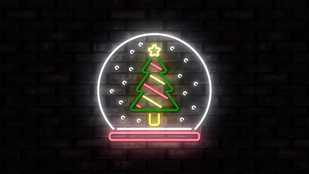 Animation of illuminated christmas tree and dots in circle against brick wall