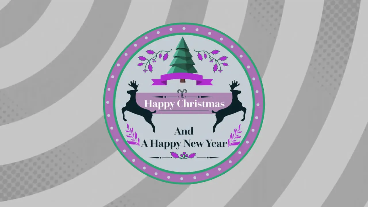 Animation of merry christmas and a happy new year text in circle over gray striped background