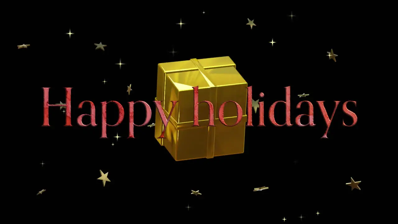 Animation of happy holidays text with gift box and stars rotating on black background