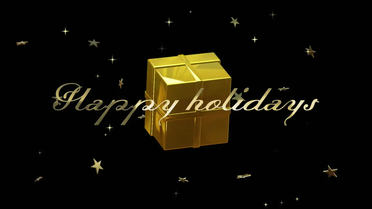 Animation of happy holidays text with golden gift box and stars rotating on black background