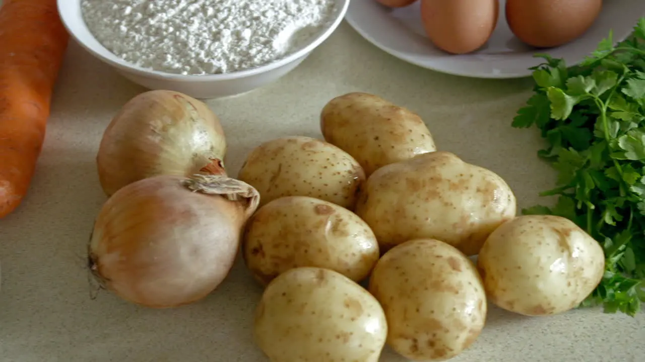 A shot of various ingredients and foods in a kitchen prepared for cooking