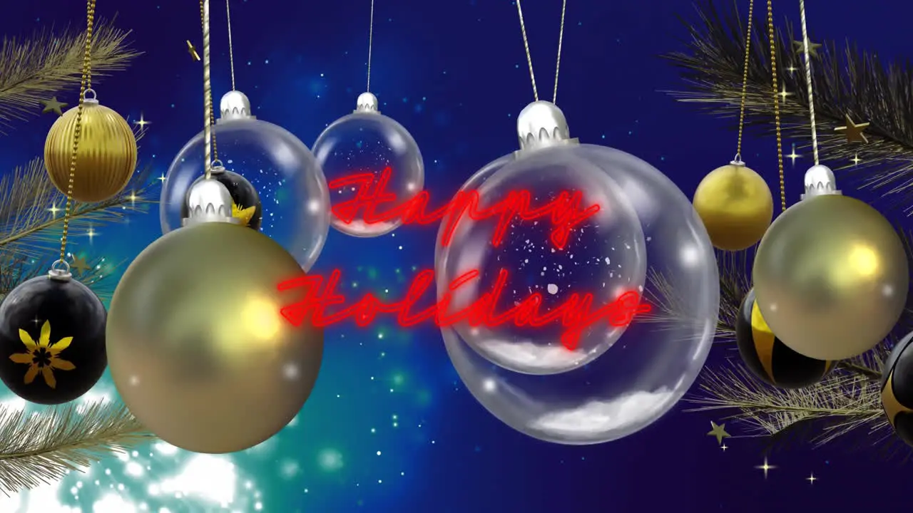 Animation of happy holidays text with baubles stars feathers hanging on blue background