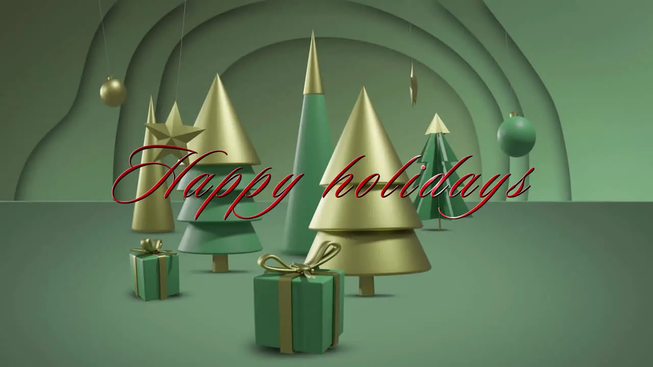 Animation of happy holidays with christmas trees gift box baubles stars on abstract background