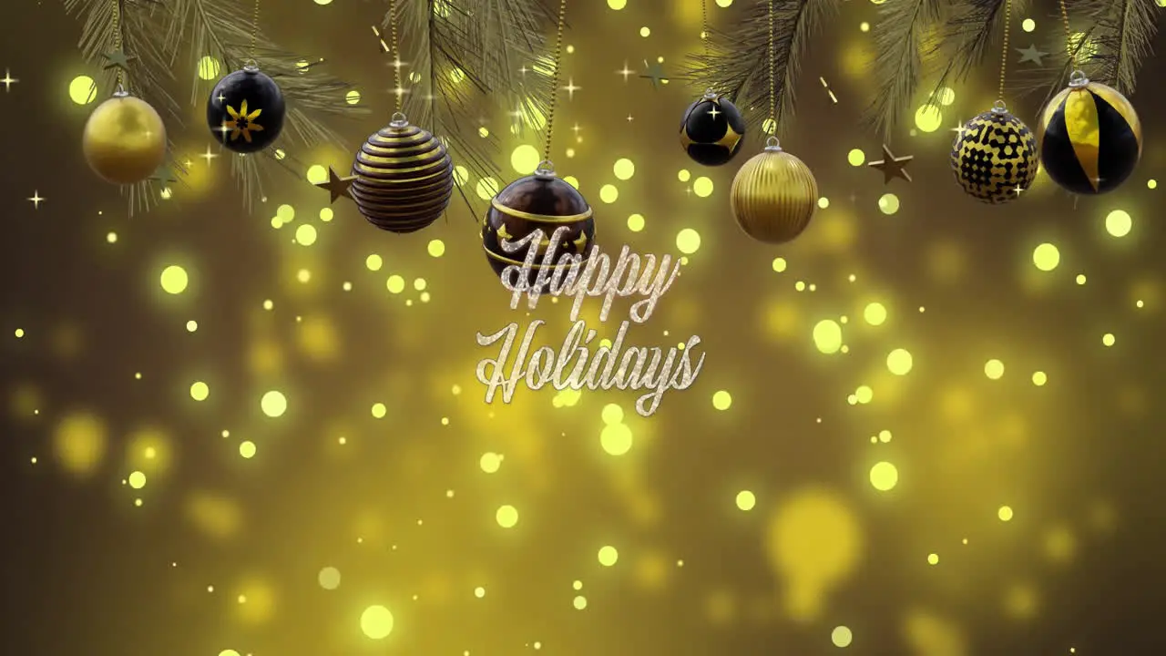 Animation of happy holidays text with baubles hanging over illuminated lens flare