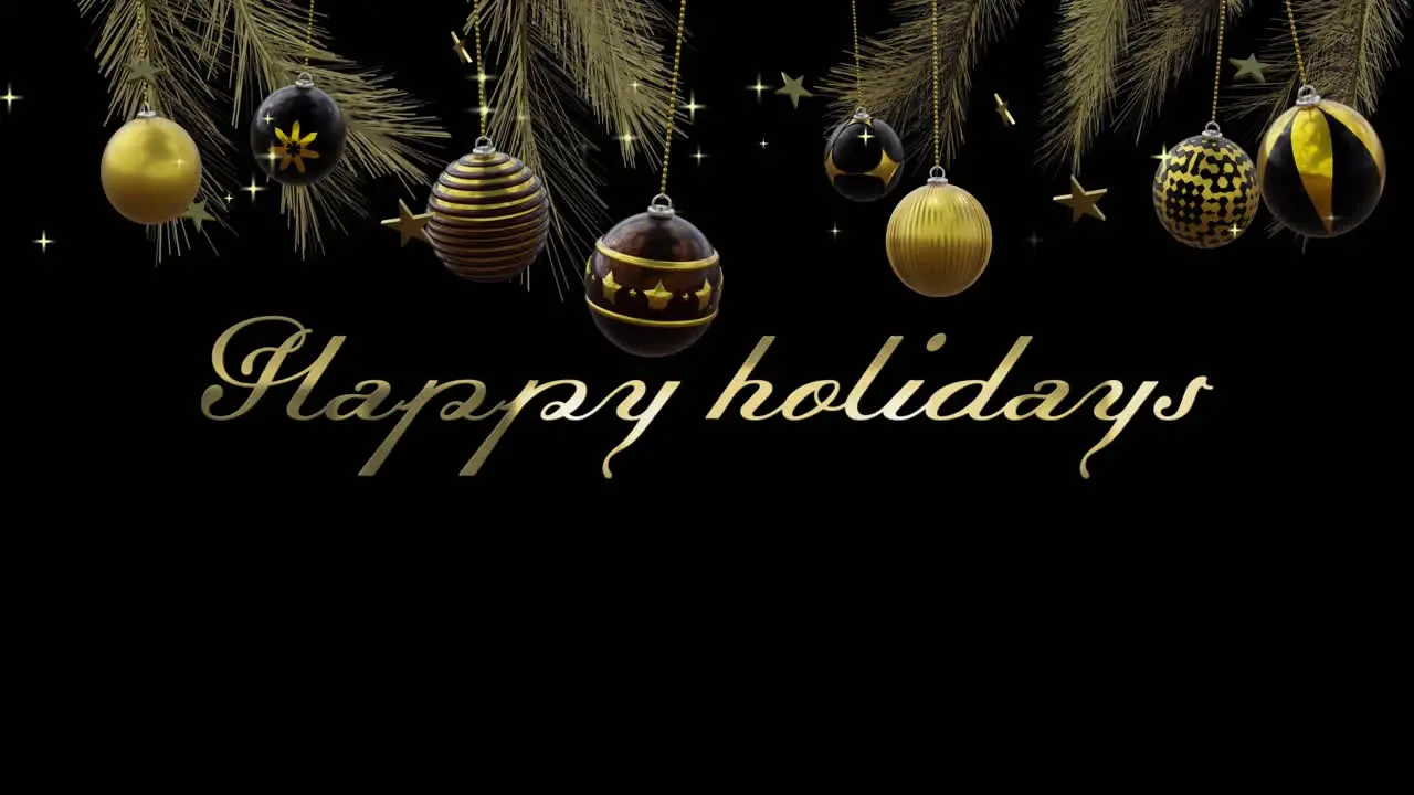 Animation of happy holidays text with baubles feathers and stars on black background