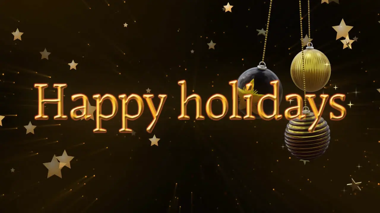 Animation of happy holidays text with baubles over stars moving on abstract background