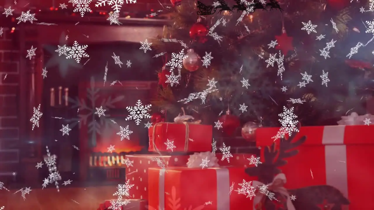 Animation of snowflakes over santa riding sleigh with reindeers over boxes and christmas tree