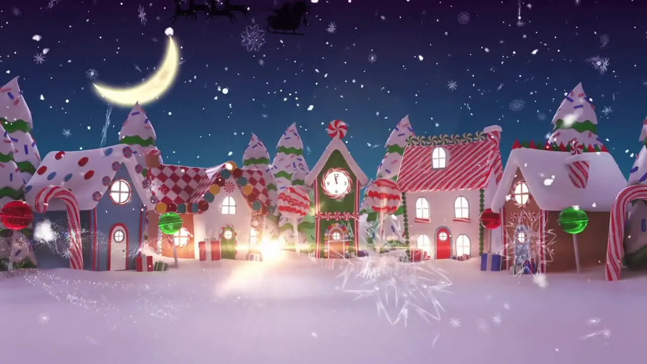 Animation of snowfall over merry christmas text and decorated houses against moon in sky