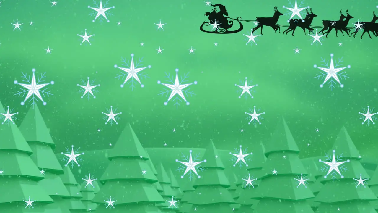 Animation of falling stars santa riding sleigh with reindeers over trees against green background