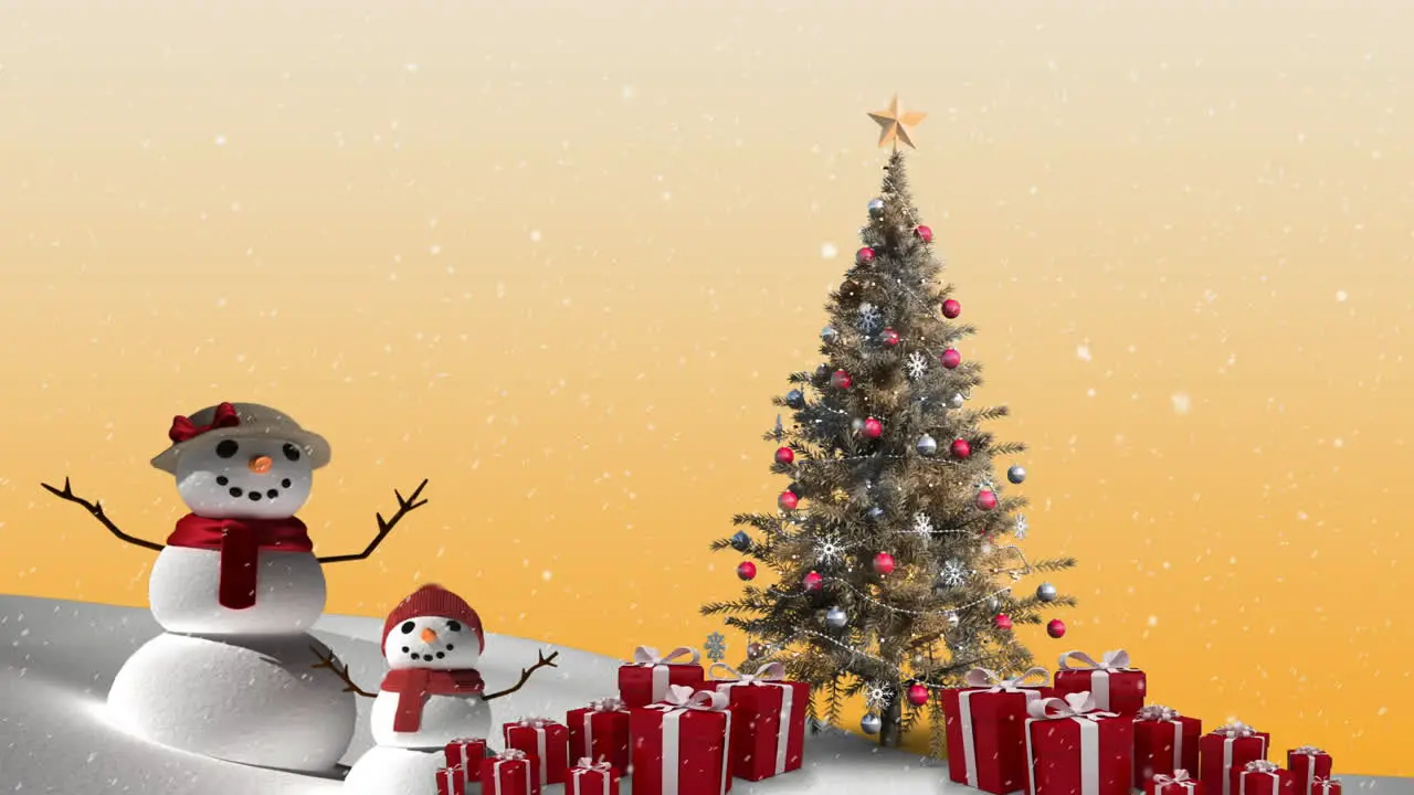 Animation of snowfall over snowman and decorated christmas tree and gift boxes