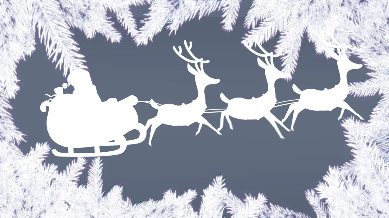 Animation of leaves frame around santa riding sleigh against abstract background