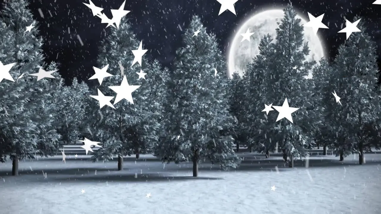 Animation of stars falling over pine trees on snow covered landscape against moon in sky