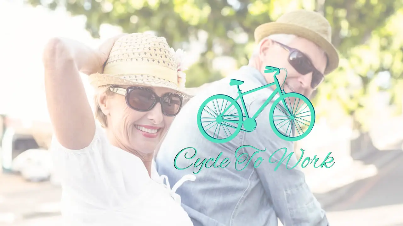 Animation of cycle to work text with bicycle icon over senior caucasian couple