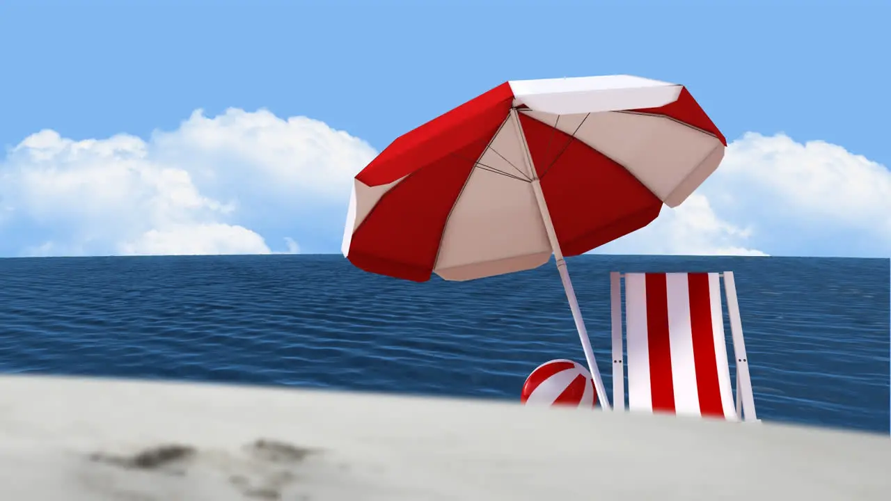 Animation of red and white parasol and deck chair on beach on sunny day