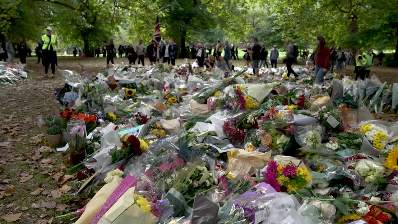 Flower tributes for death of queen Elizabeth II in green park