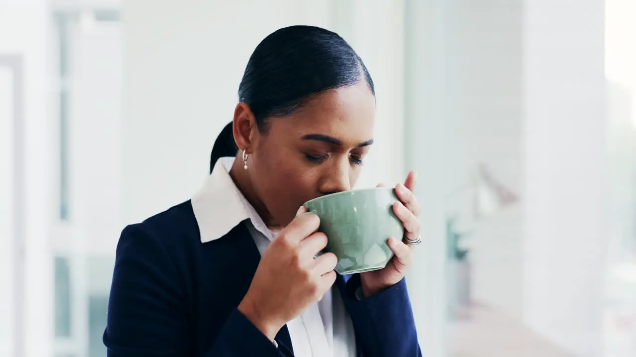 Business woman coffee and window with thinking