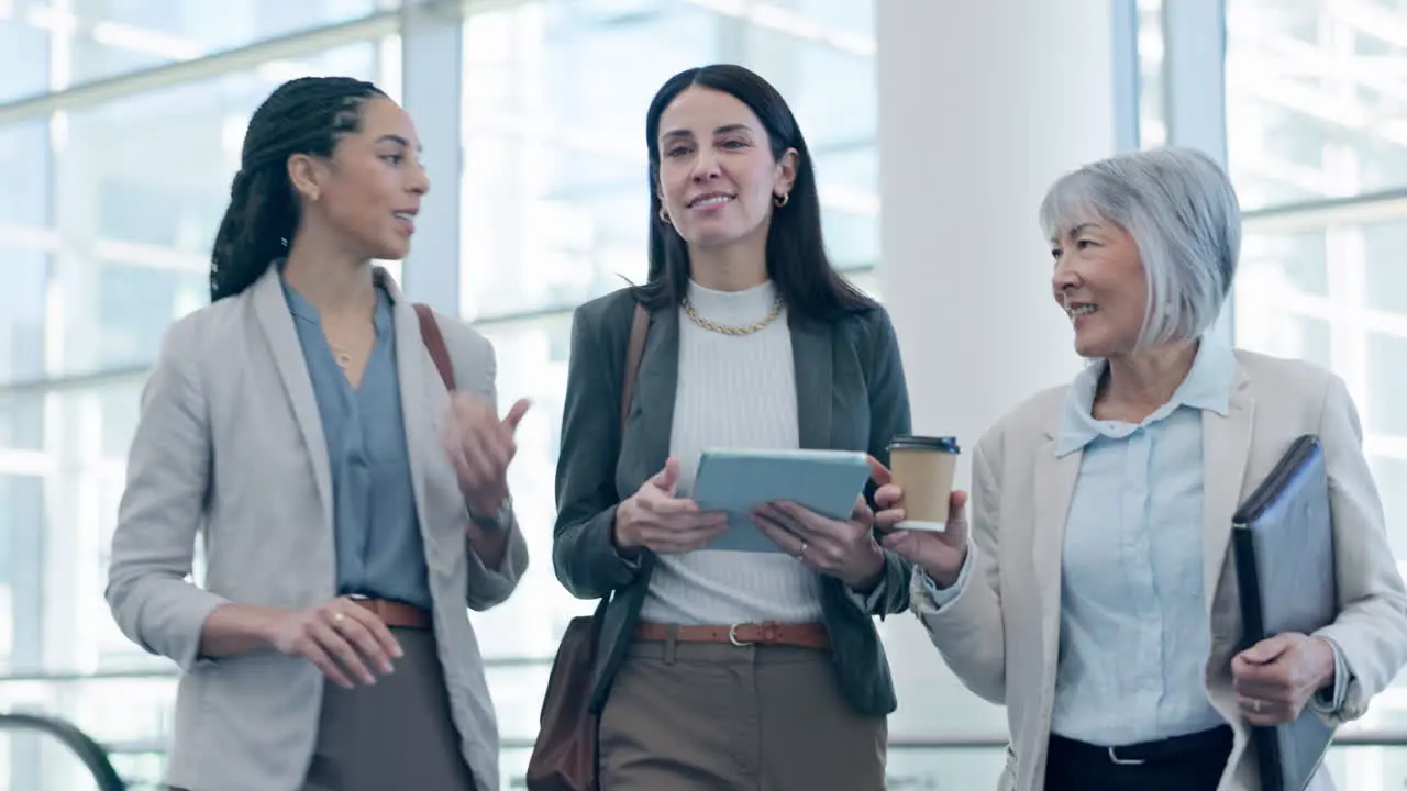 Office building meeting and women walking