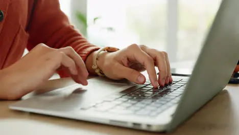 Woman hands and typing on laptop for working