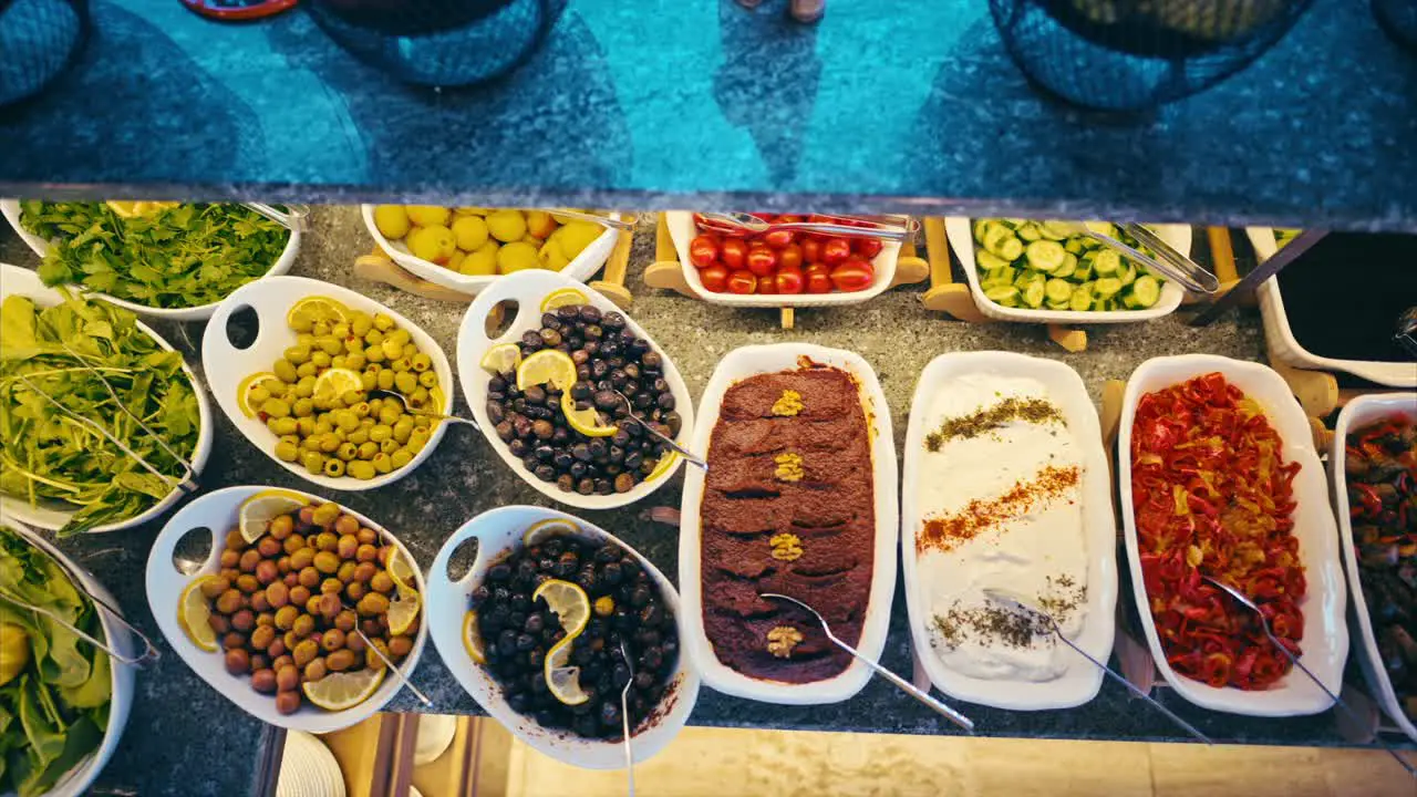 Breakfast food on display at the hotel buffet