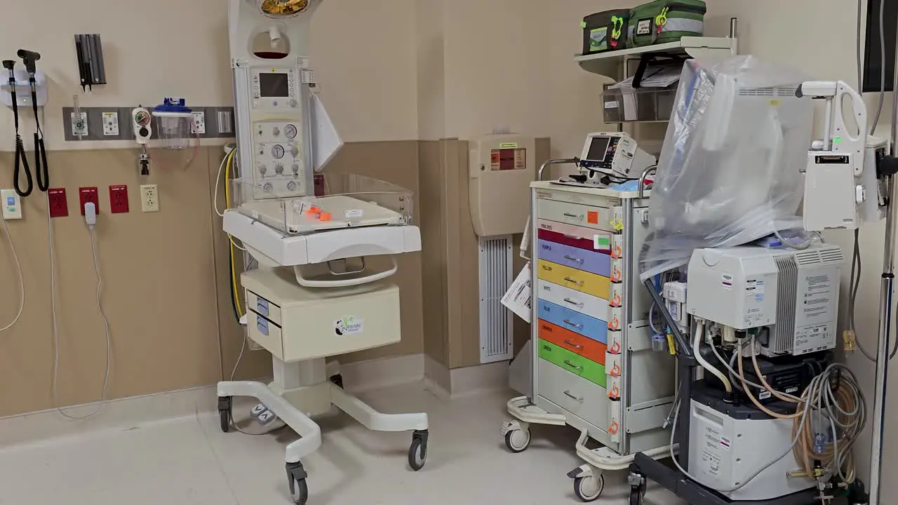 Slow pan of various equipment in pediatric ER trauma room missing bed