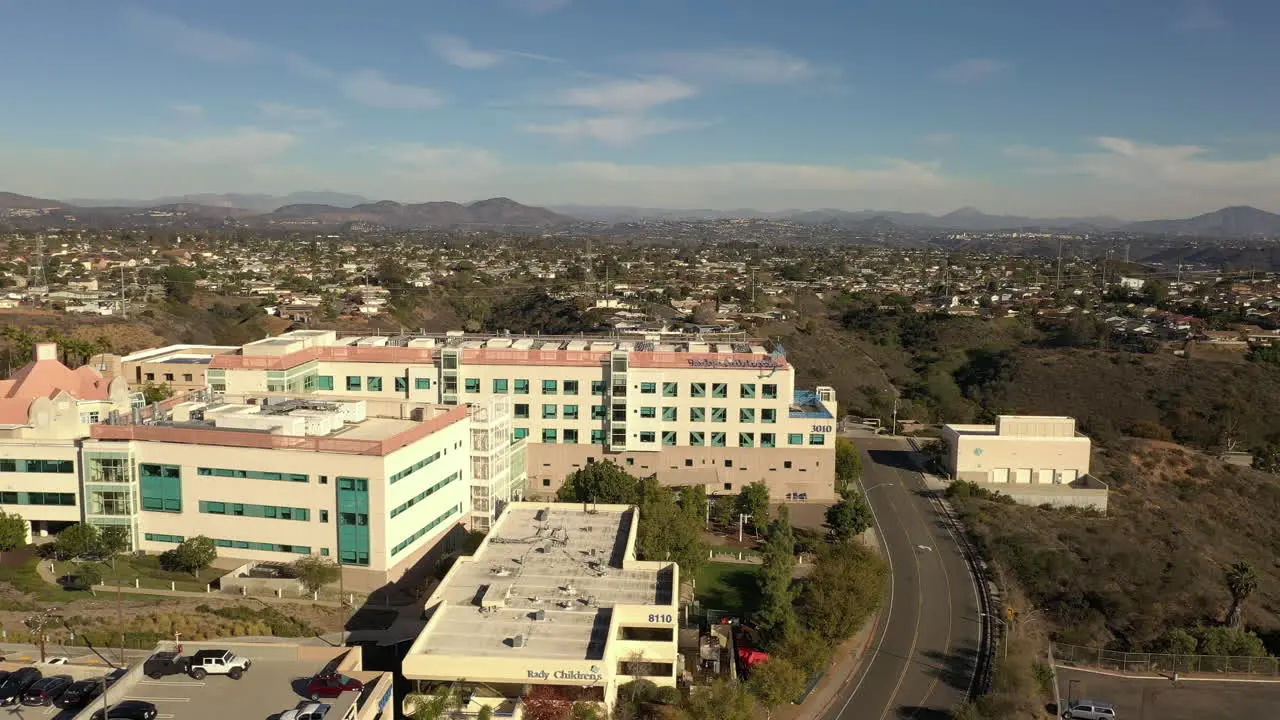 Exterior of the Rady's Children's Hospital in San Diego California drone orbit